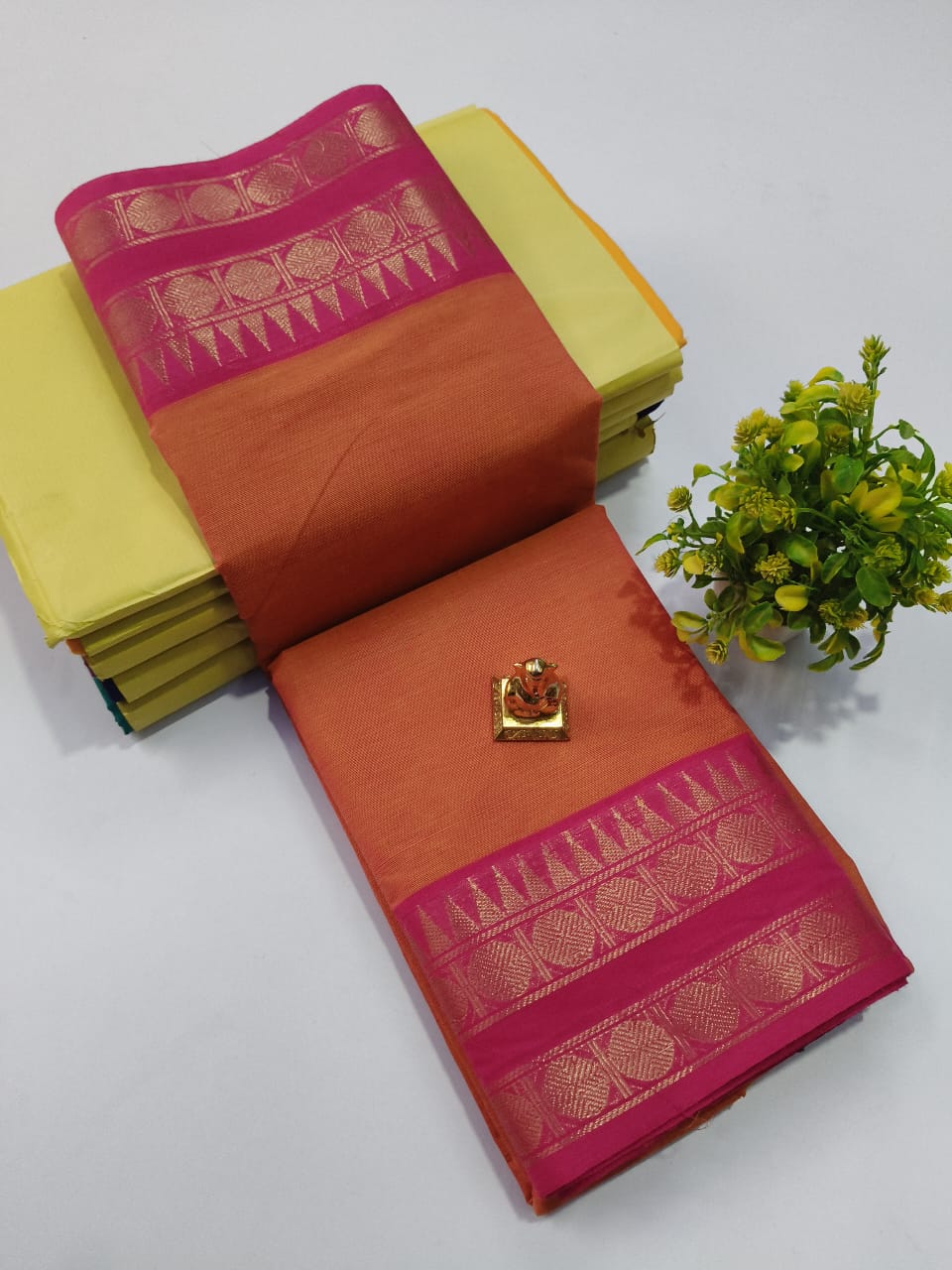 Pure 100 Count Chettinad Cotton Saree – Orange with red Border-No Blouse
