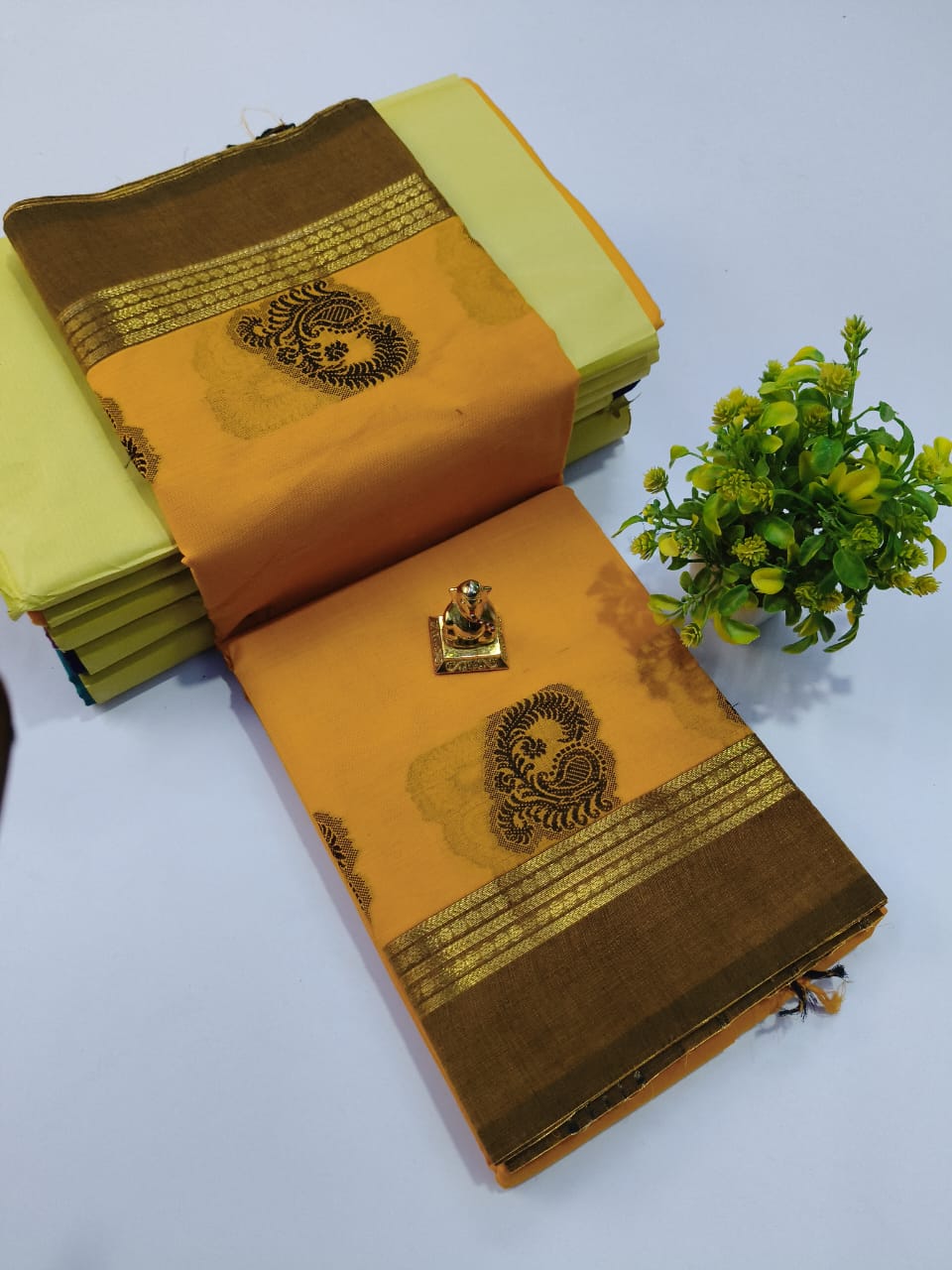 Pure 100 Count Chettinad Cotton Saree – Yellow-Brown Border-No Blouse