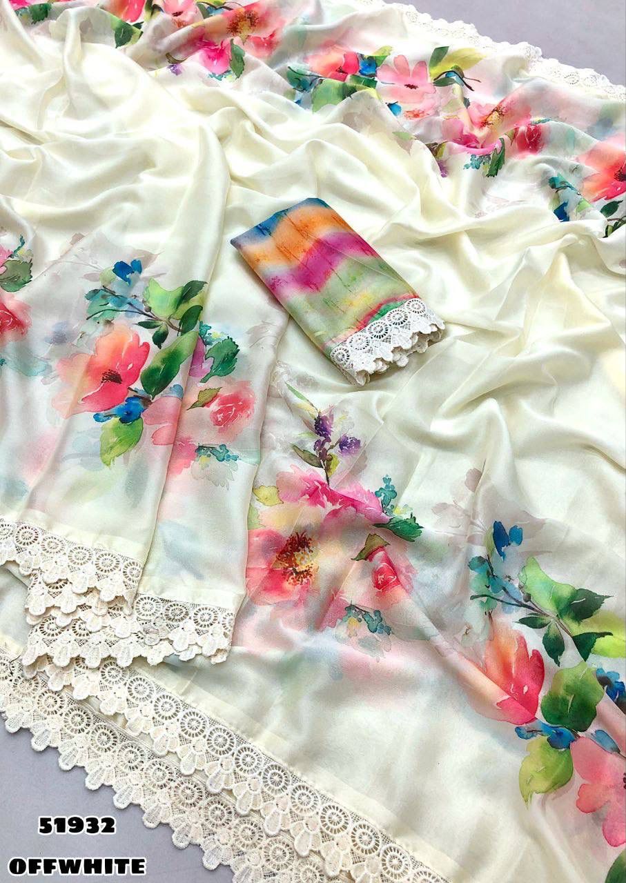 Chiffon Floral Digital Print Saree with Fancy Lace Border – Red Multicolor (Code 51932)
