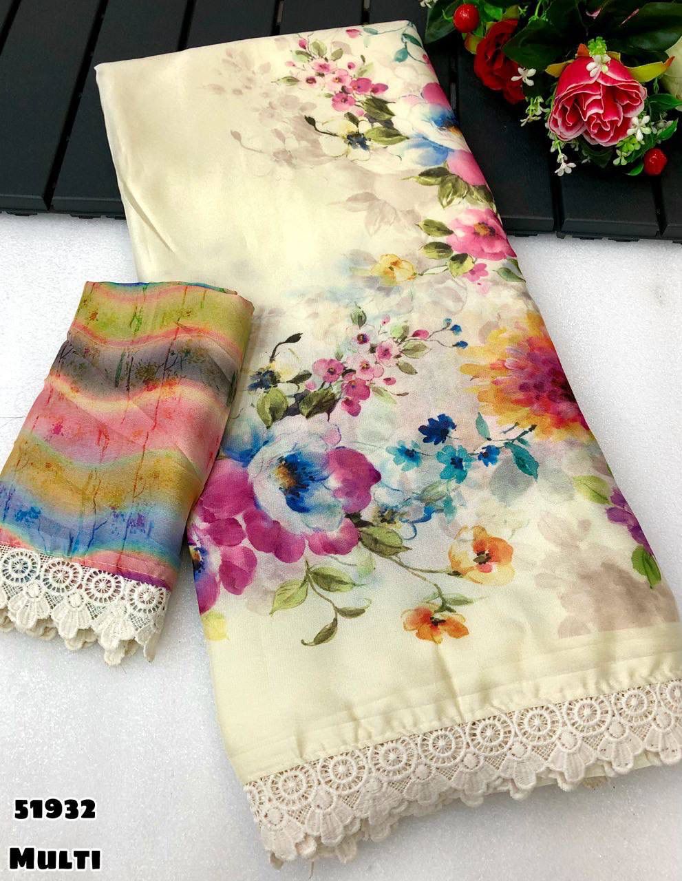 Elegant Pink Multicolor Chiffon Saree with Digital Floral Print & Lace Border – Rafia Fashions