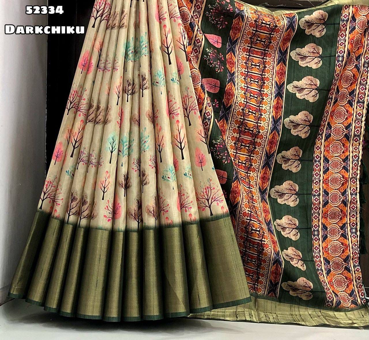 Handloom Tussar Silk Saree with Floral Digital Print & 9 Inch Zari Border-52334