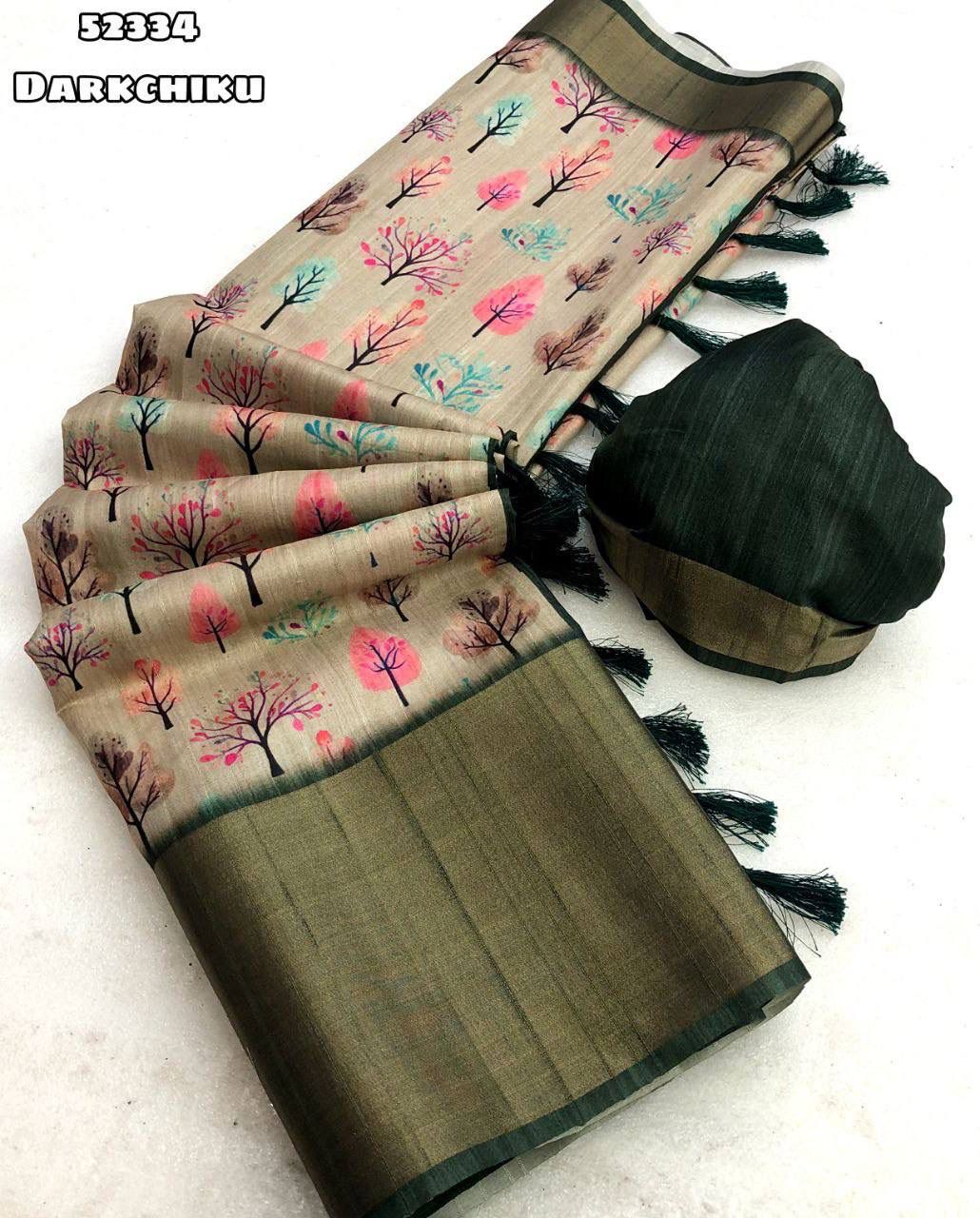 Handloom Tussar Silk Saree with Floral Digital Print & 9 Inch Zari Border-52334
