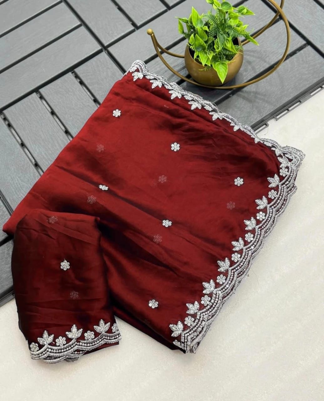 Embroidery Rangoli silk saree with silver sequence c-pallu and embroidered blouse — elegant festive wear-MAROON