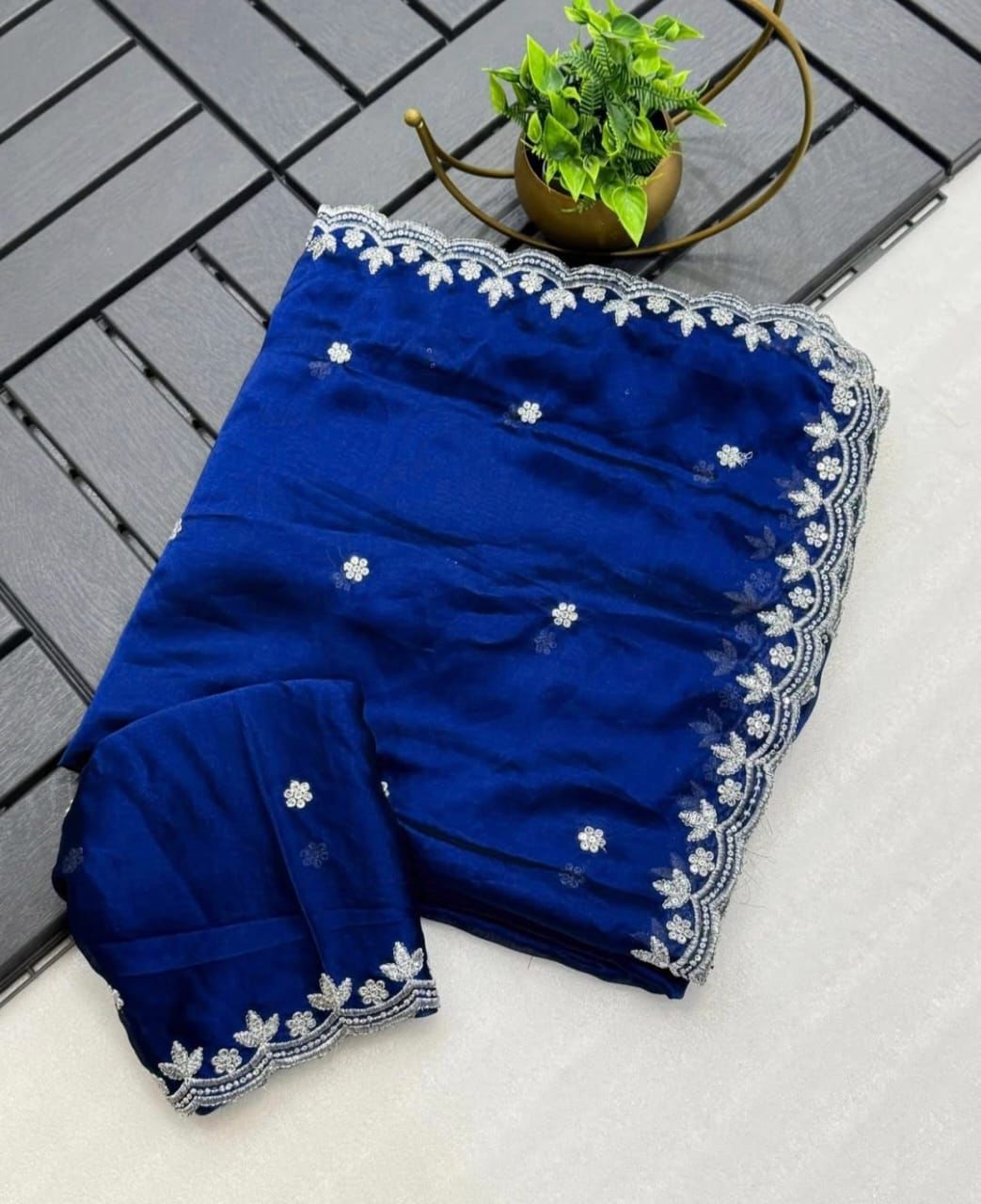 Embroidery Rangoli silk saree with silver sequence c-pallu and embroidered blouse — elegant festive wear-royalblue