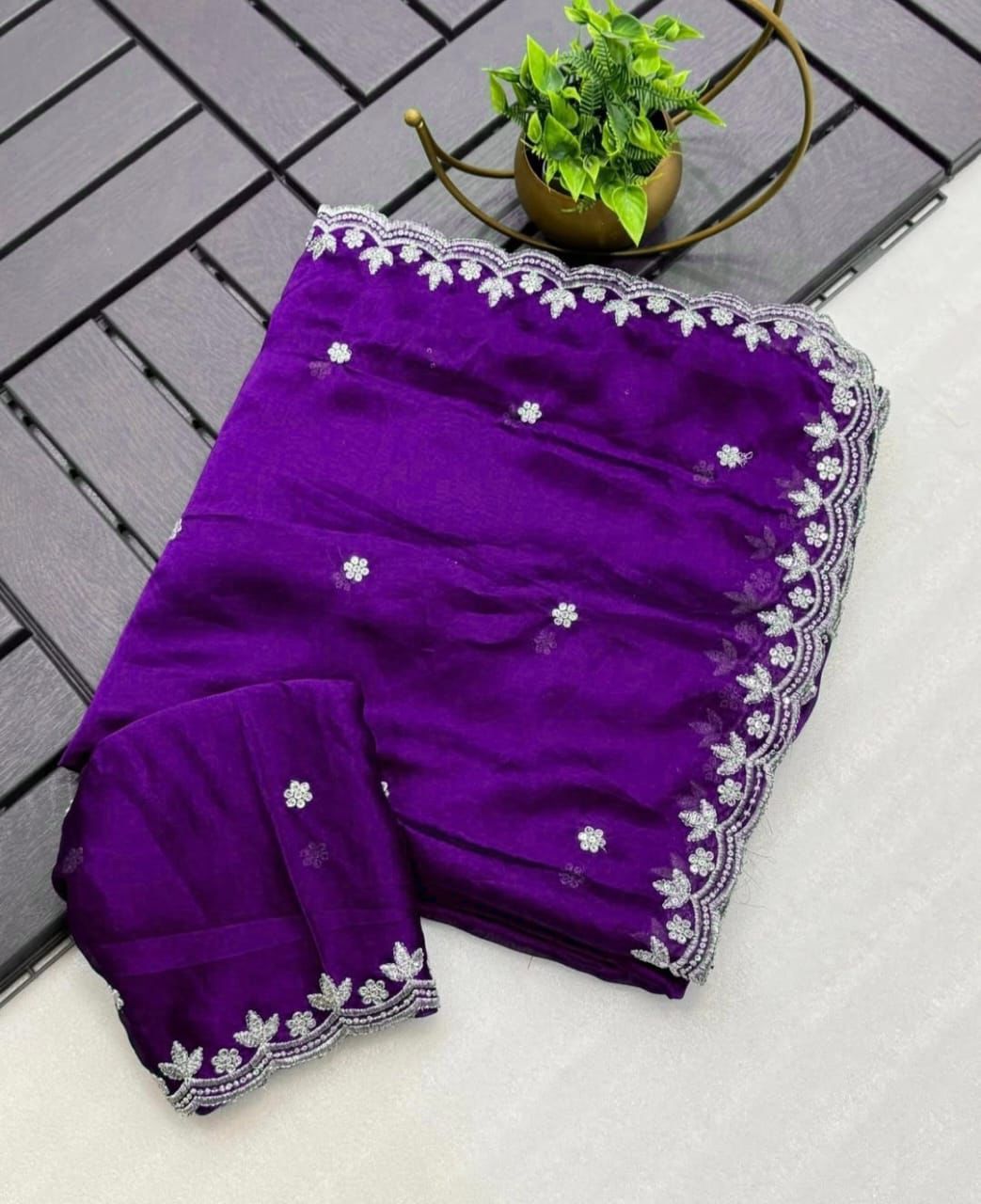Embroidery Rangoli silk saree with silver sequence c-pallu and embroidered blouse — elegant festive wear-violet