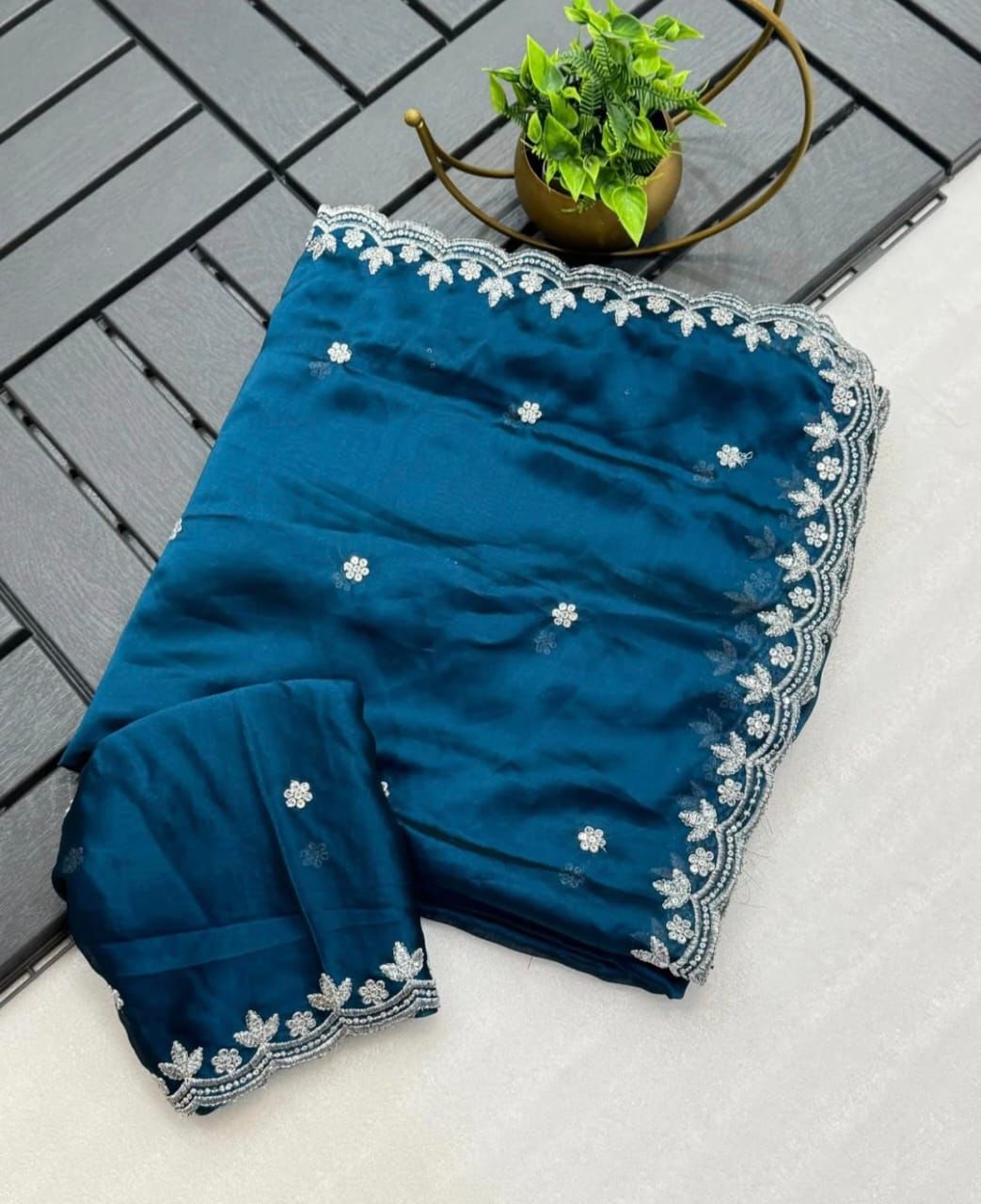 Embroidery Rangoli silk saree with silver sequence c-pallu and embroidered blouse — elegant festive wear-BLUE