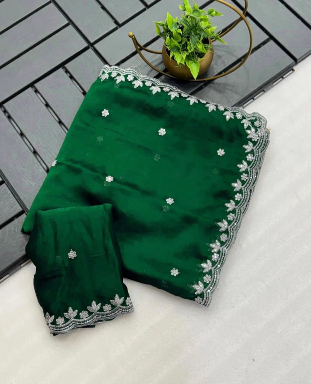 Embroidery Rangoli silk saree with silver sequence c-pallu and embroidered blouse — elegant festive wear-GREEN