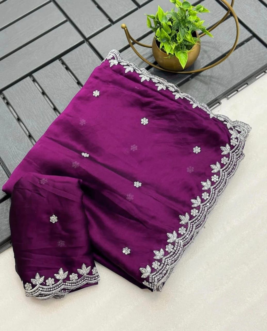 Embroidery Rangoli silk saree with silver sequence c-pallu and embroidered blouse — elegant festive wear-PURPLE
