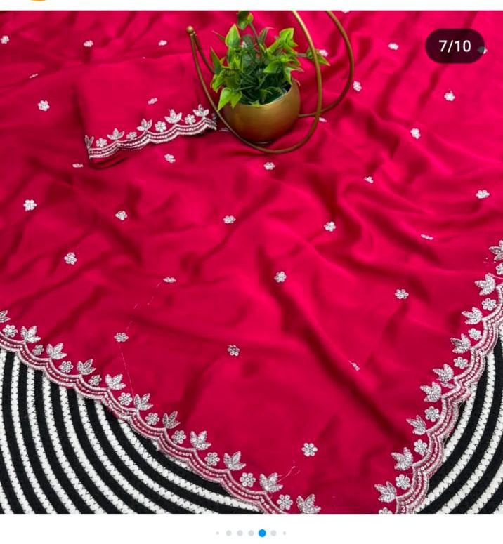 Embroidery Rangoli silk saree with silver sequence c-pallu and embroidered blouse — elegant festive wear-RED