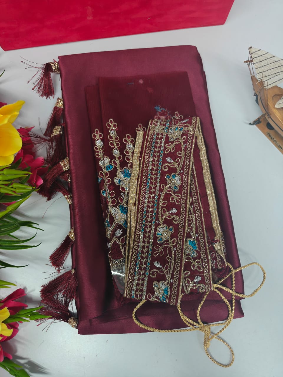 Maroon-Fancy Combo Satin Saree with Netted Embroidery Blouse & Belt