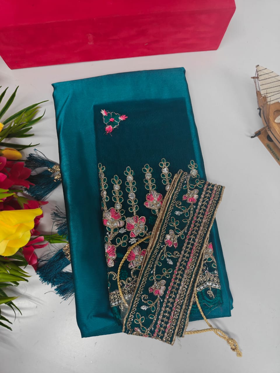 Blue-Fancy Combo Satin Saree with Netted Embroidery Blouse & Belt