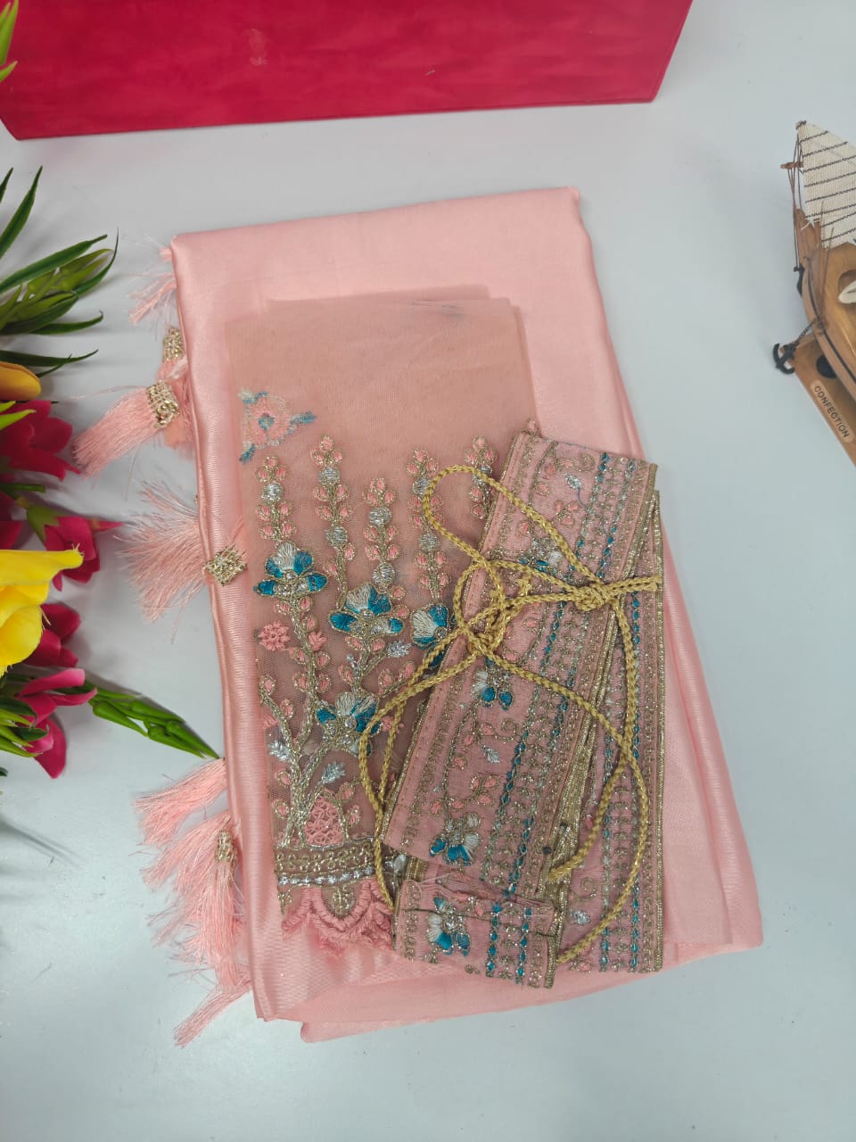 Creamy-Fancy Combo Satin Saree with Netted Embroidery Blouse & Belt