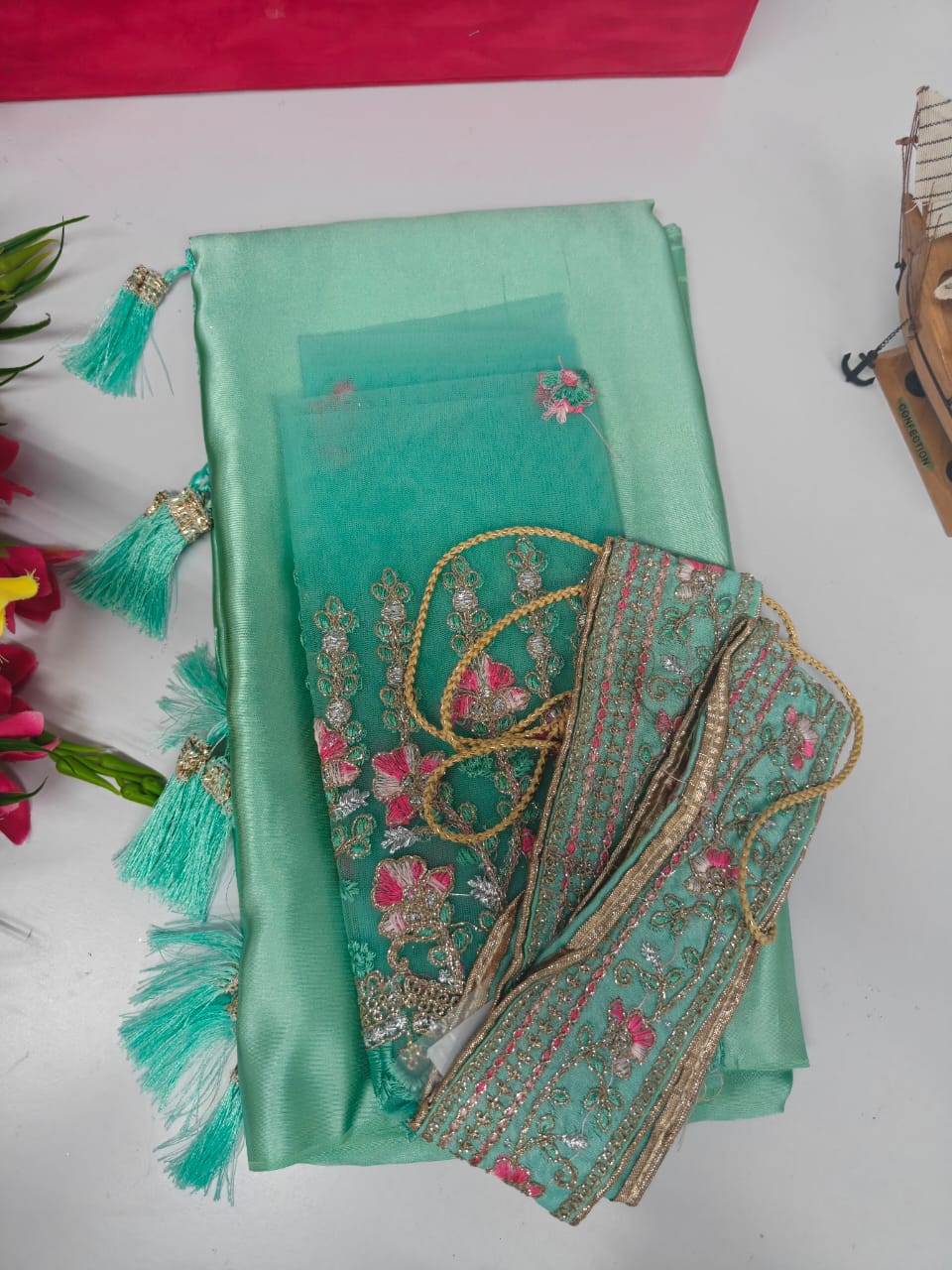 Creamyblue-Fancy Combo Satin Saree with Netted Embroidery Blouse & Belt