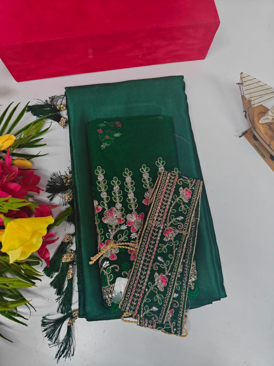 Green-Fancy Combo Satin Saree with Netted Embroidery Blouse & Belt