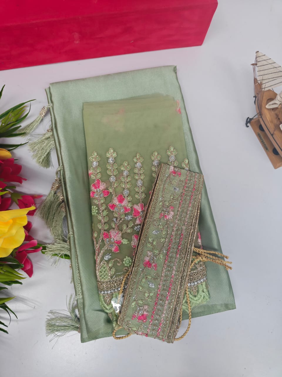 greenygold-Fancy Combo Satin Saree with Netted Embroidery Blouse & Belt