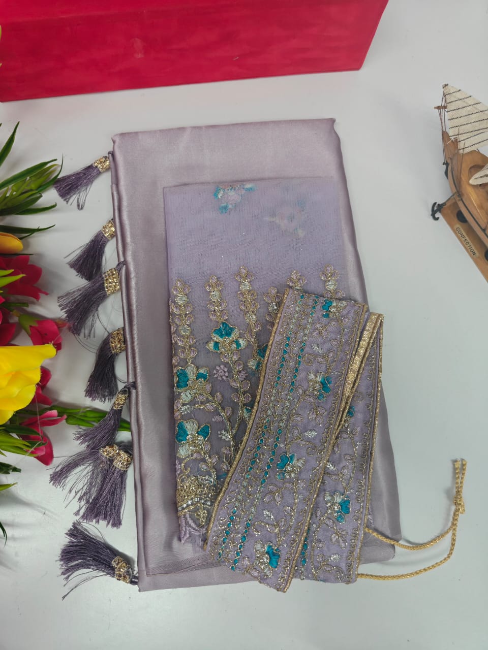 grey-Fancy Combo Satin Saree with Netted Embroidery Blouse & Belt