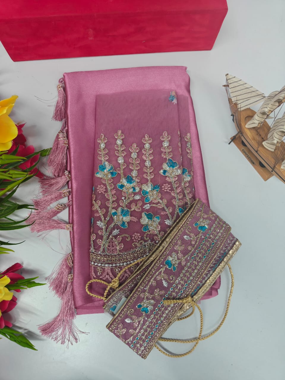rosegold-Fancy Combo Satin Saree with Netted Embroidery Blouse & Belt