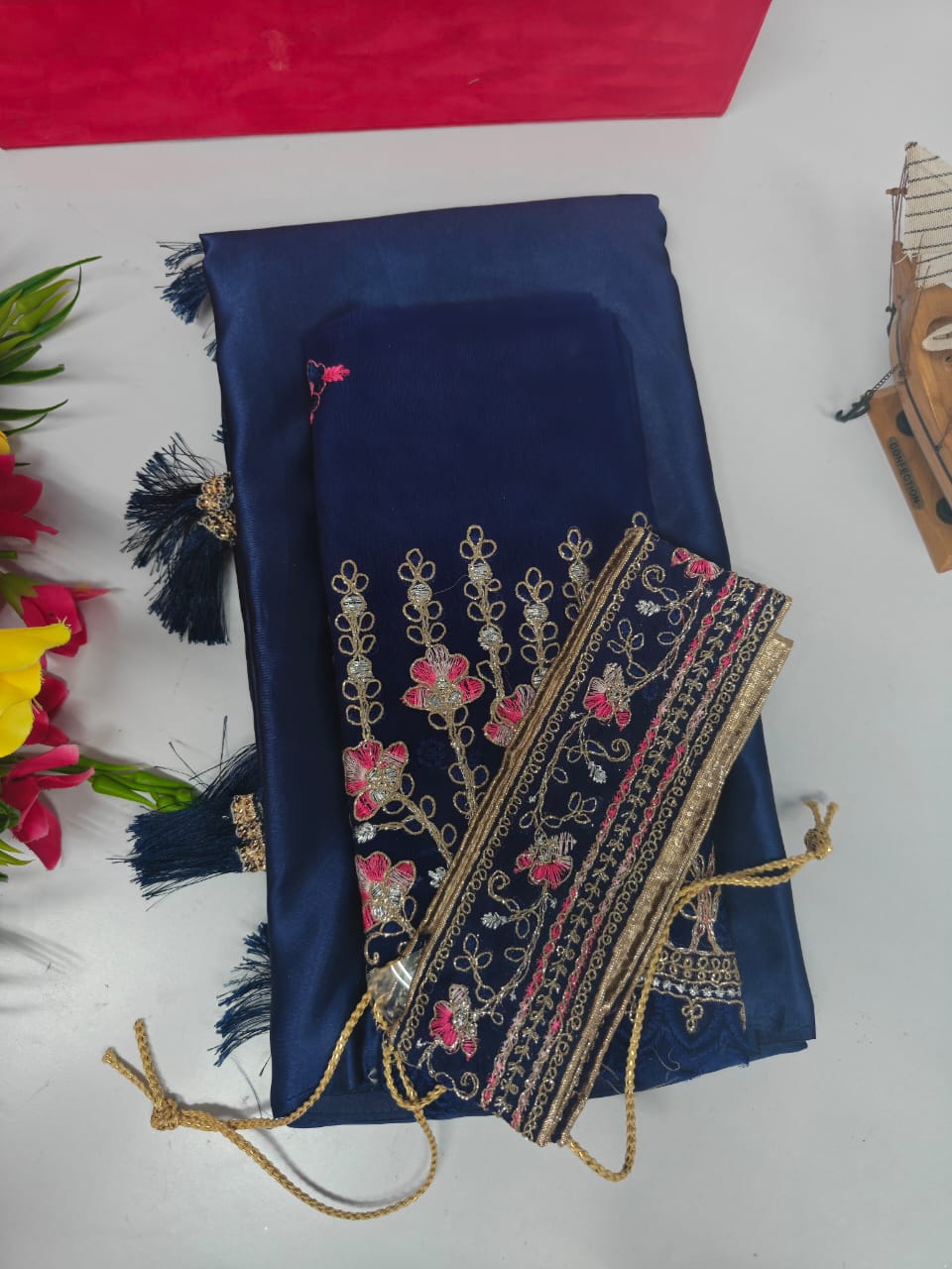 royalblue-Fancy Combo Satin Saree with Netted Embroidery Blouse & Belt