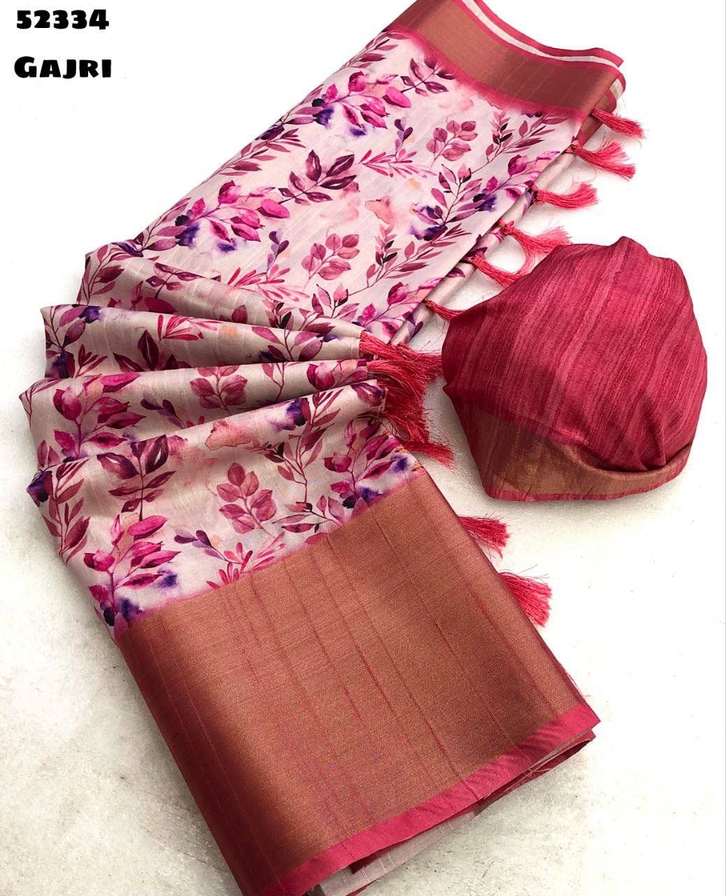 Handloom Tussar Silk Saree with Floral Digital Print & 9 Inch Zari Border-52334