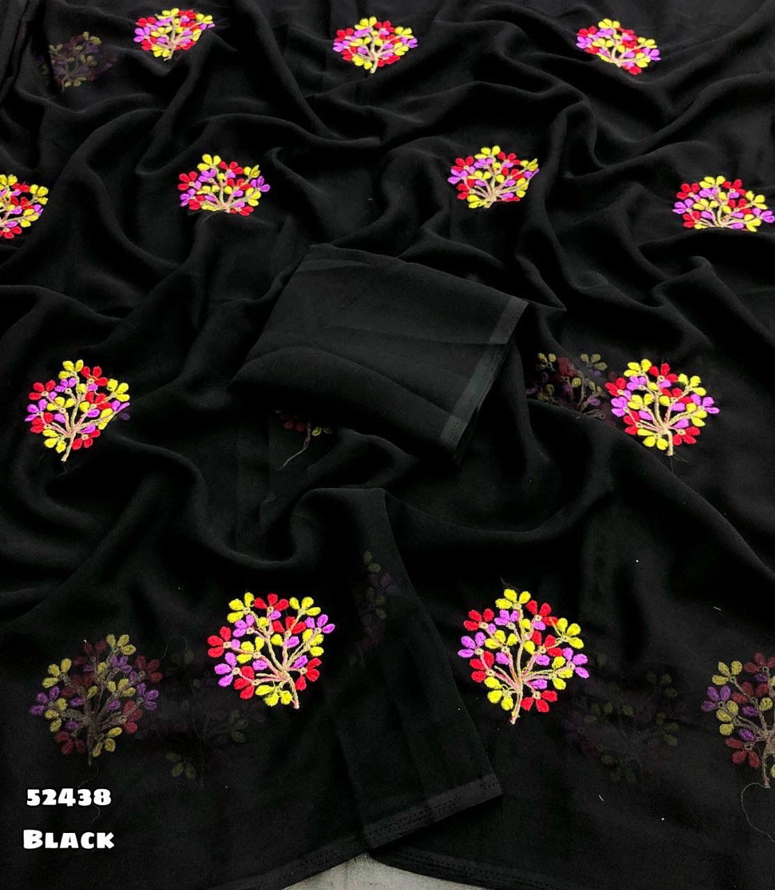 Black Georgette Saree with Floral Multi Embroidery Work & Tassel – Rafia Fashions-