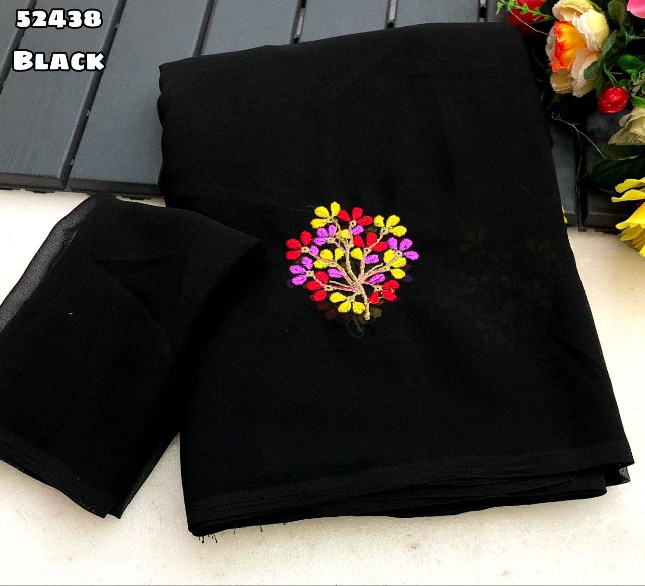 Black Georgette Saree with Floral Multi Embroidery Work & Tassel – Rafia Fashions