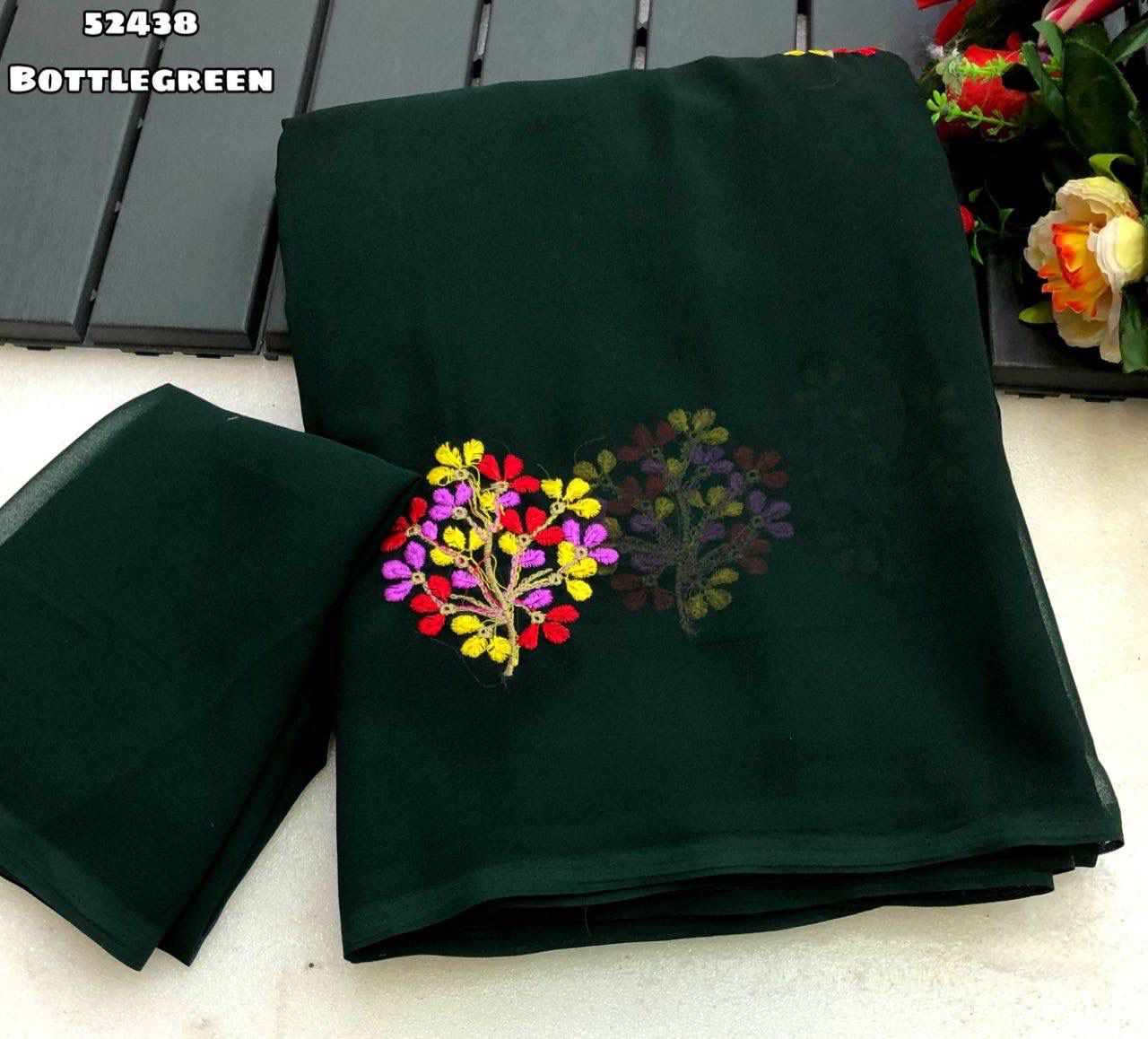 Bottle Green Georgette Saree with Floral Multi Embroidery Work & Tassel – Rafia Fashions