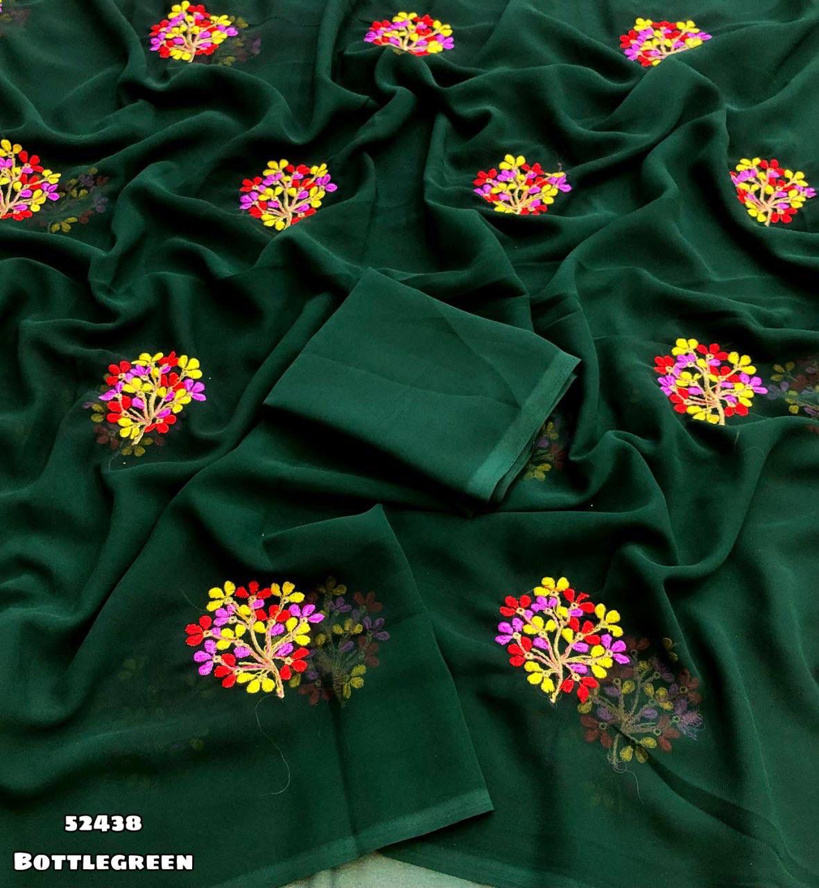Bottle Green Georgette Saree with Floral Multi Embroidery Work & Tassel – Rafia Fashions-