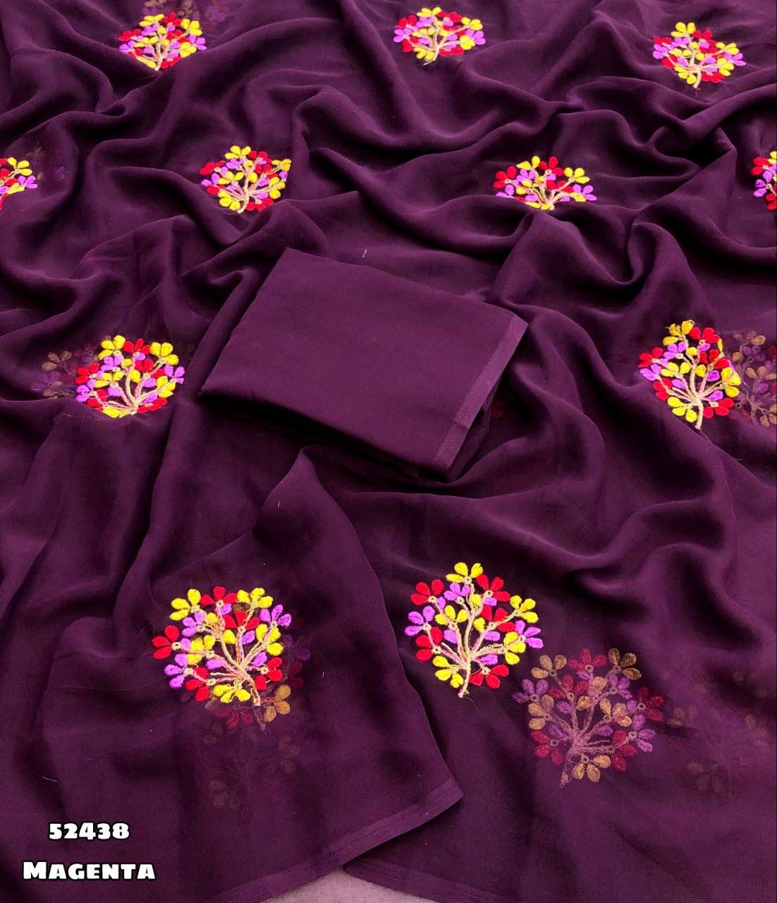 Magenta Georgette Saree with Floral Multi Embroidery Work & Tassel – Rafia Fashions-