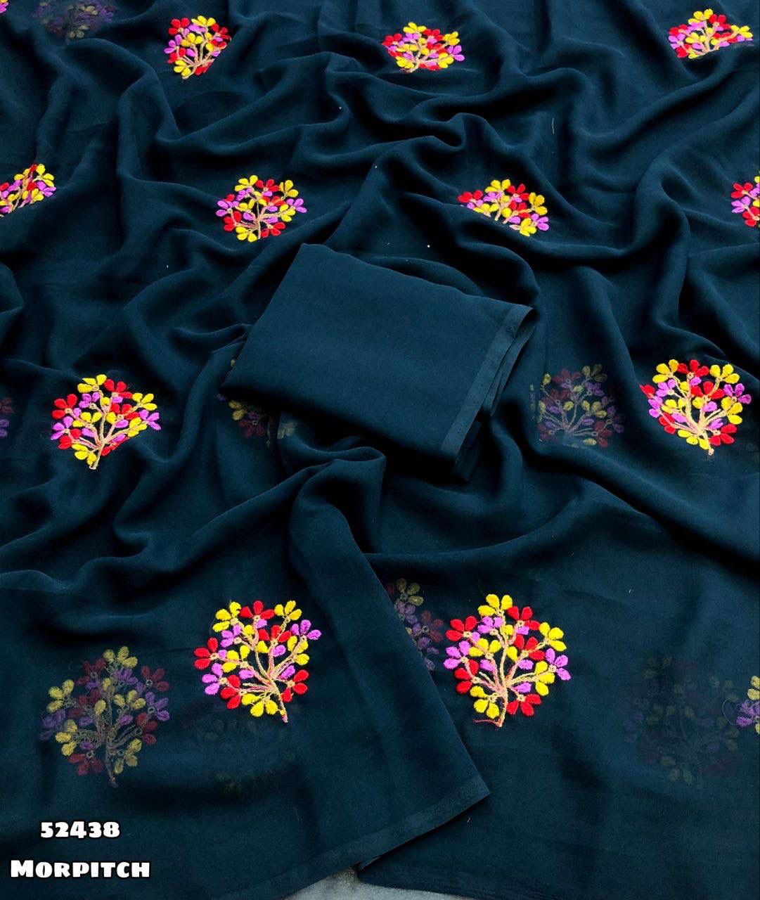 Morpitch Georgette Saree with Floral Multi Embroidery Work & Tassel – Rafia Fashions-