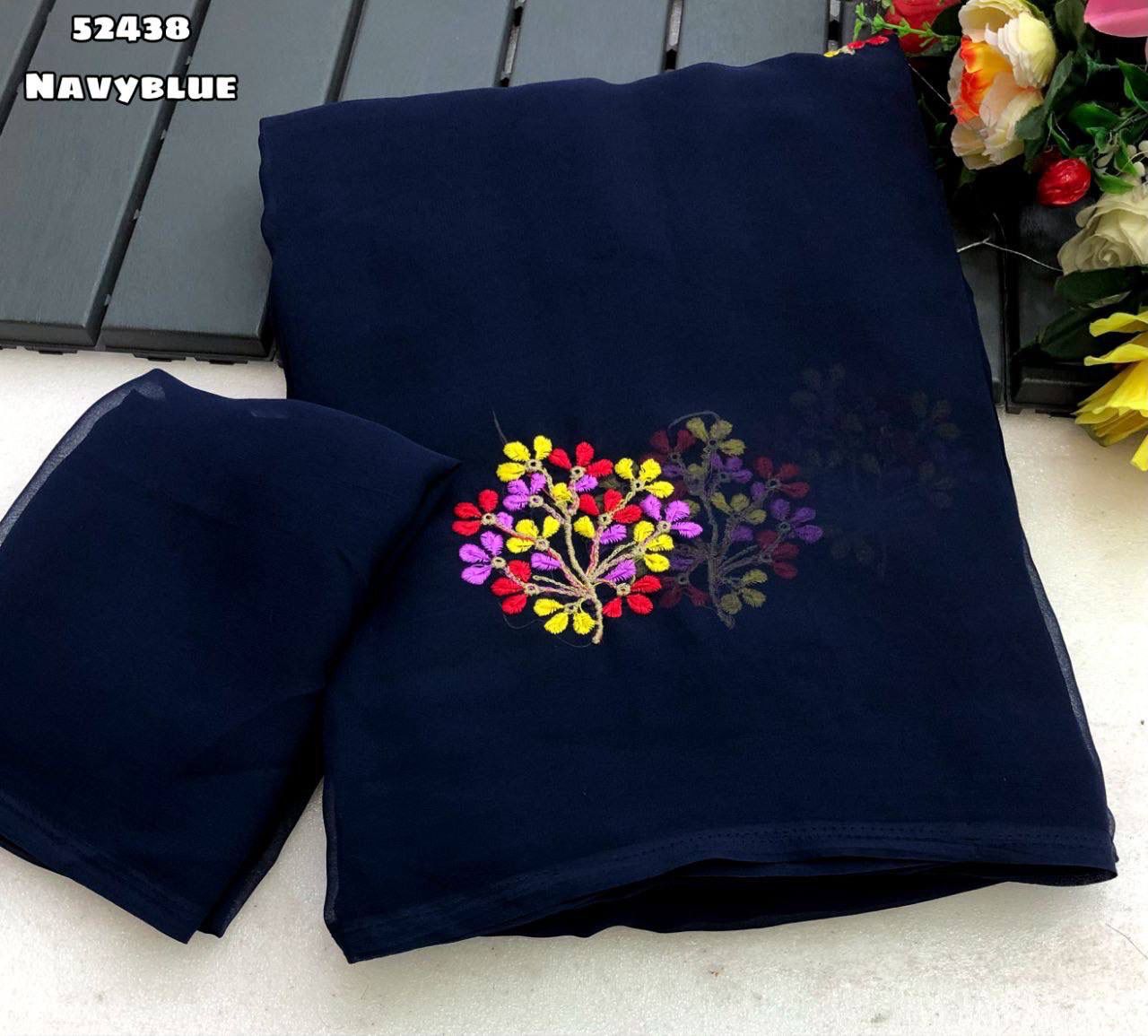 Navy Blue Georgette Saree with Floral Multi Embroidery Work & Tassel – Rafia Fashions