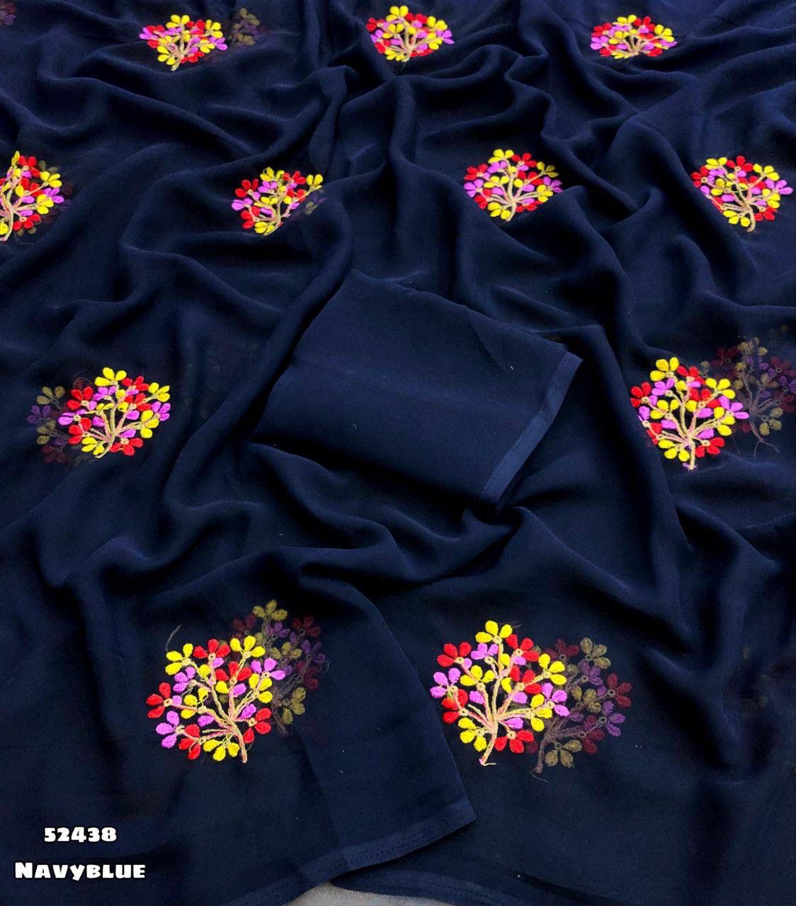 Navy Blue- Georgette Saree with Floral Multi Embroidery Work & Tassel – Rafia Fashions