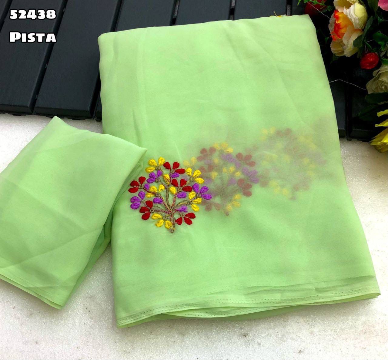 Pista Green Georgette Saree with Floral Multi Embroidery Work & Tassel – Rafia Fashions