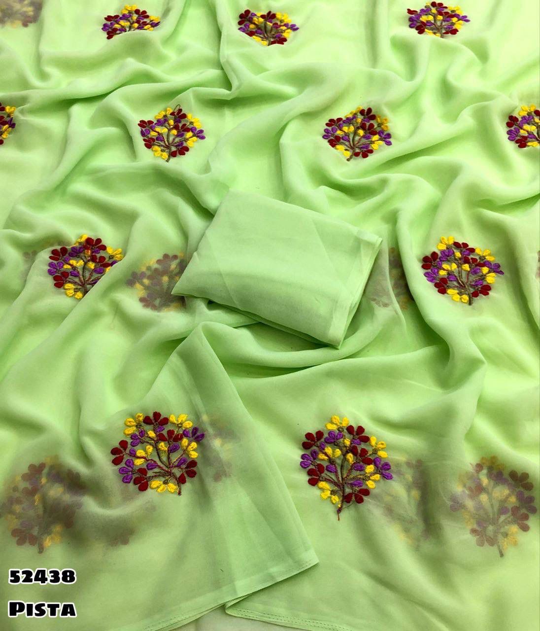Pista Green Georgette Saree with Floral Multi Embroidery Work & Tassel – Rafia Fashions-