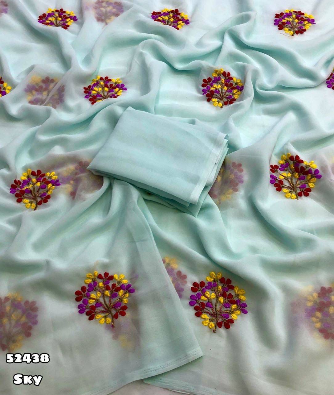 Sky Blue Georgette Saree with Floral Multi Embroidery Work & Tassel – Rafia Fashions-