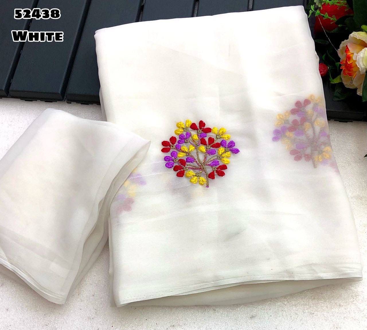 White Georgette Saree with Floral Multi Embroidery Work & Tassel – Rafia Fashions-