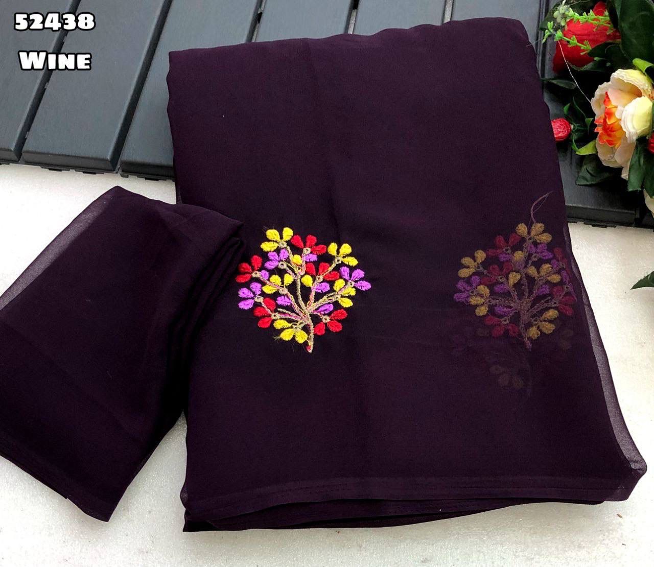 Wine Georgette Saree with Floral Multi Embroidery Work & Tassel – Rafia Fashions