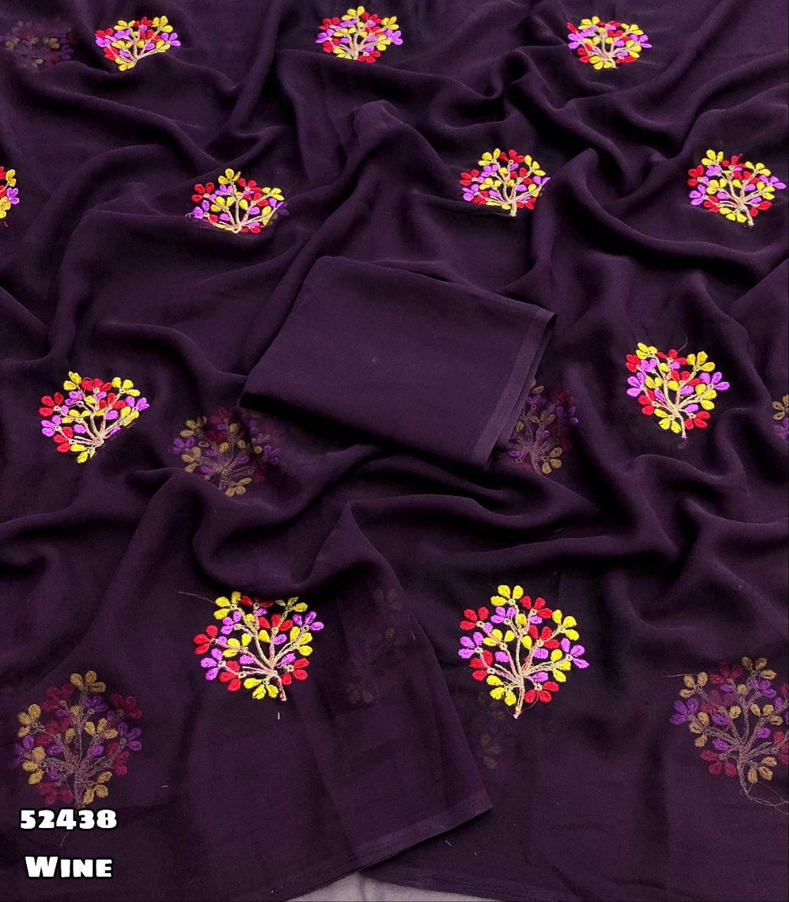 Wine Georgette Saree with Floral Multi Embroidery Work & Tassel – Rafia Fashions-
