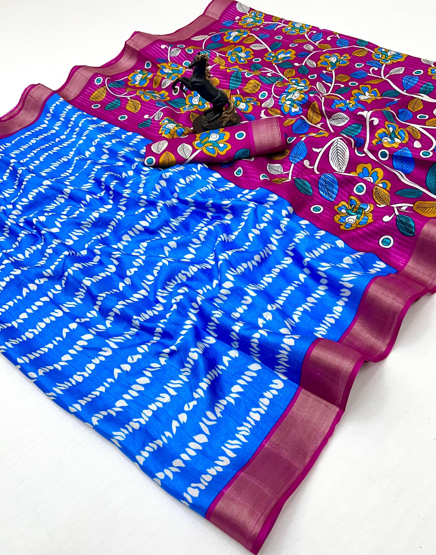 Premium Handloom Cotton Silk Saree with zari border and floral design on border-blu