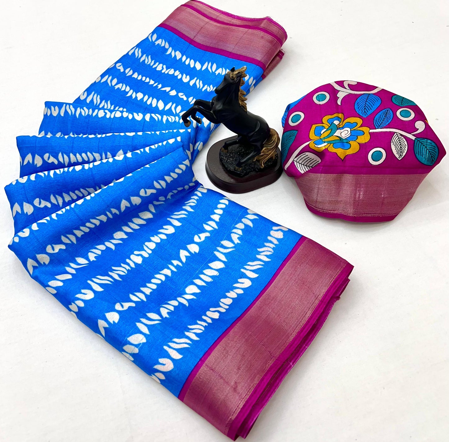 Premium Handloom Cotton Silk Saree with zari border and floral design on border-blue