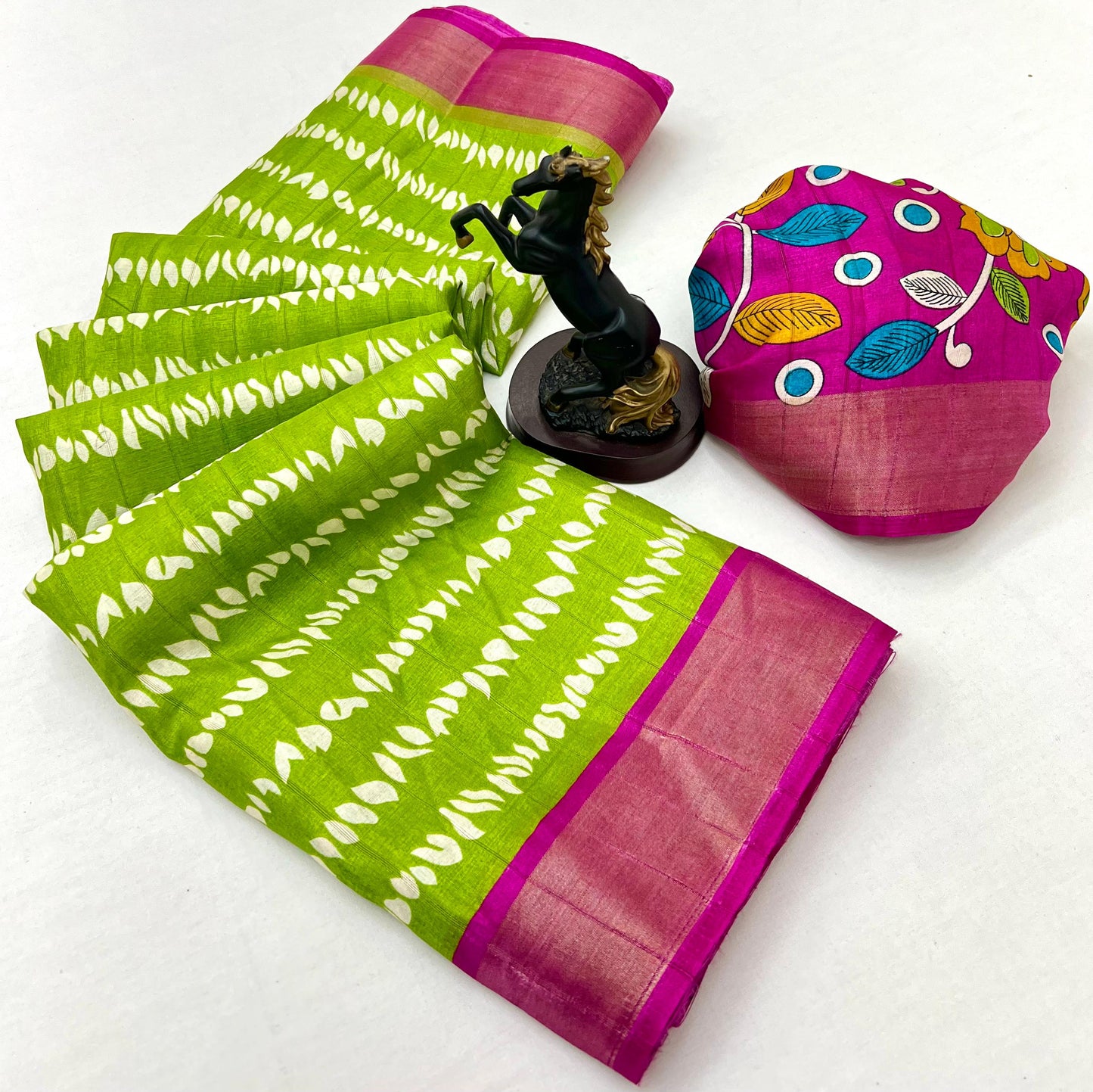 Premium Handloom Cotton Silk Saree with zari border and floral design on border-green