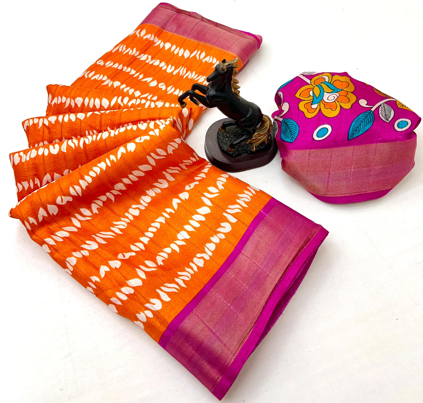 Premium Handloom Cotton Silk Saree with zari border and floral design on border-orang