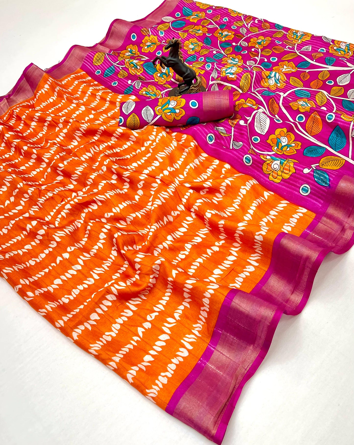 Premium Handloom Cotton Silk Saree with zari border and floral design on border-orange