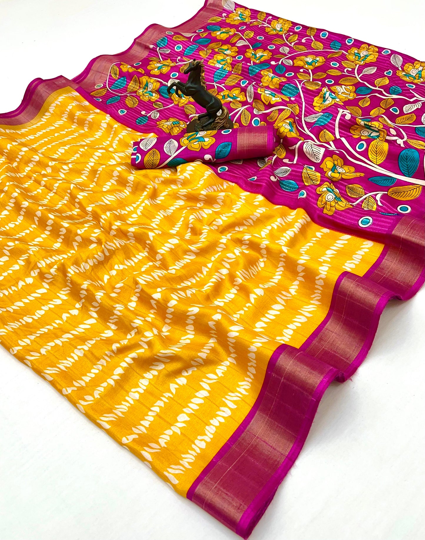 Premium Handloom Cotton Silk Saree with zari border and floral design on border-yellow
