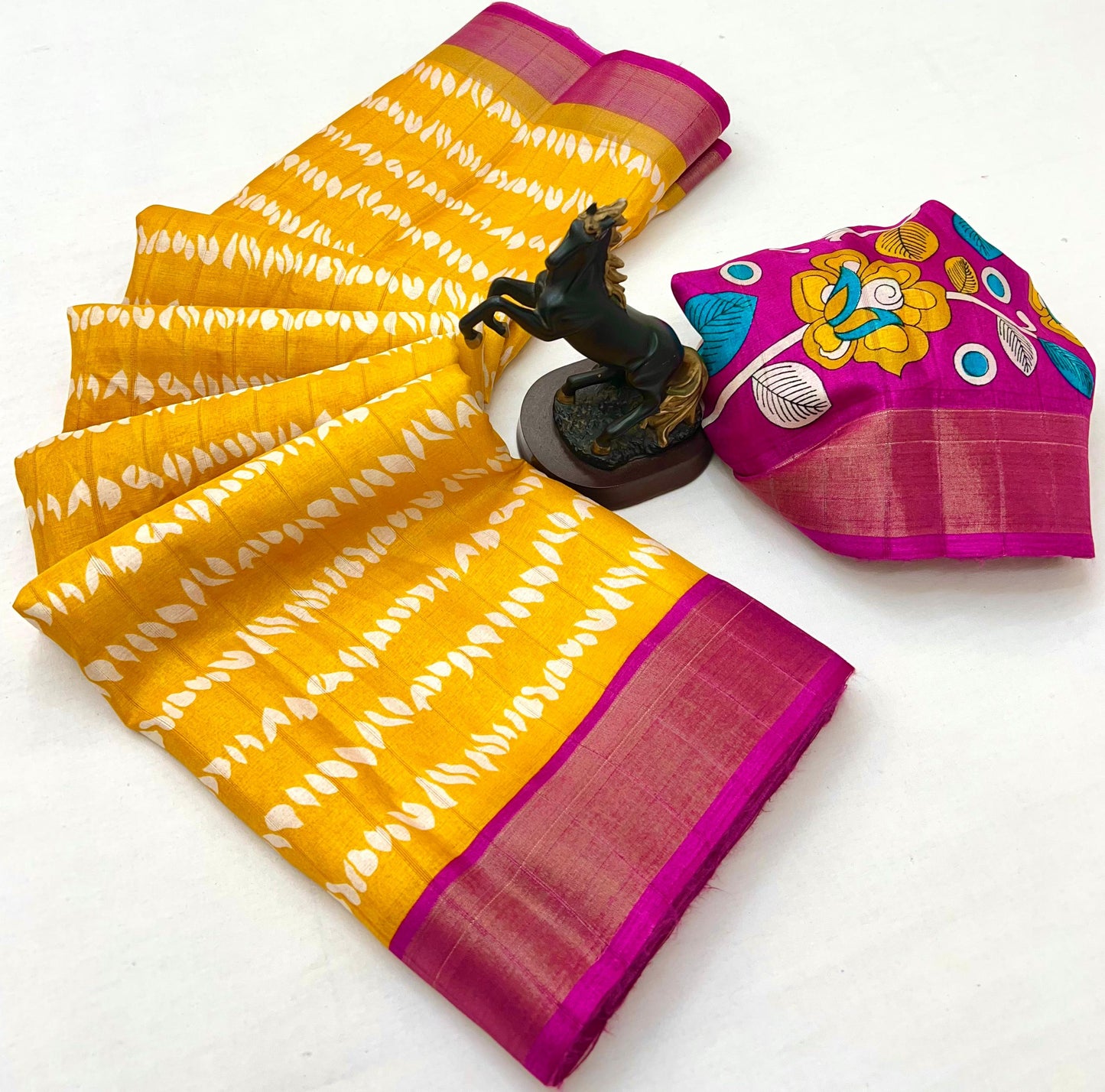 Premium Handloom Cotton Silk Saree with zari border and floral design on border-yellw