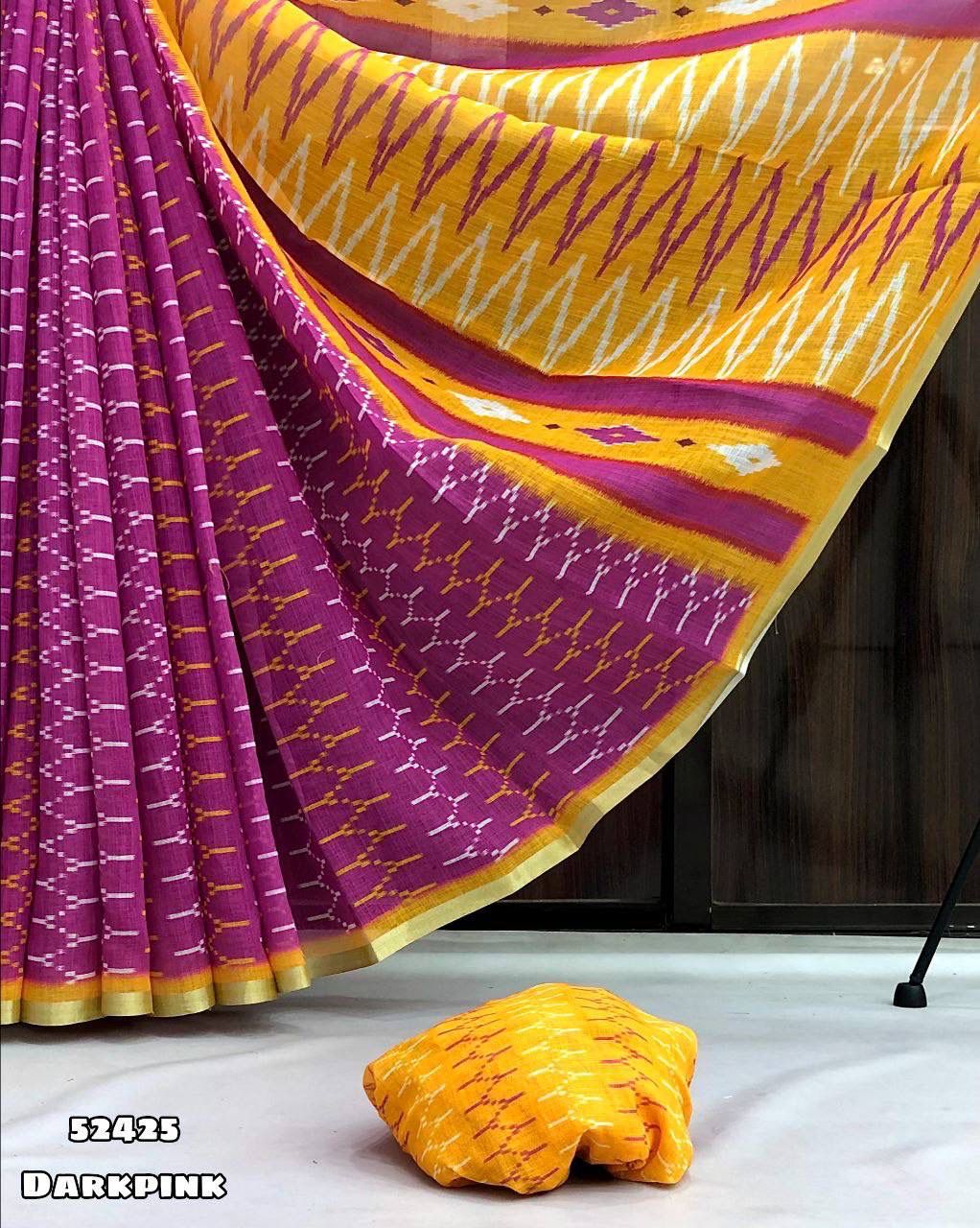 Ikkat Pochampalli Linen Cotton Saree with Contrast Pallu and Matching Blouse