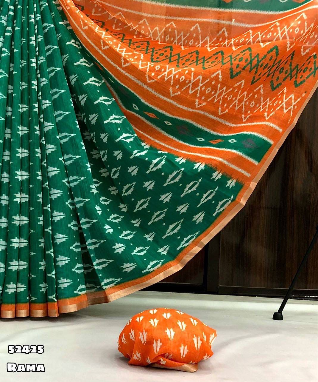 Ikkat Pochampalli Linen Cotton Saree with Contrast Pallu and Matching Blouse
