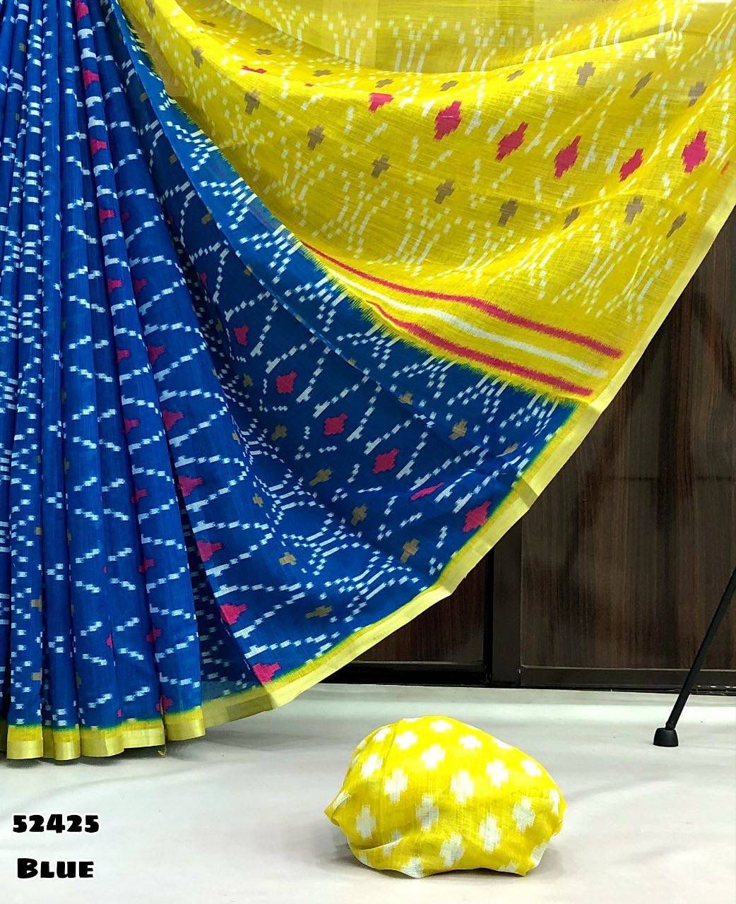 Ikkat Pochampalli Linen Cotton Saree with Contrast Pallu and Matching Blouse