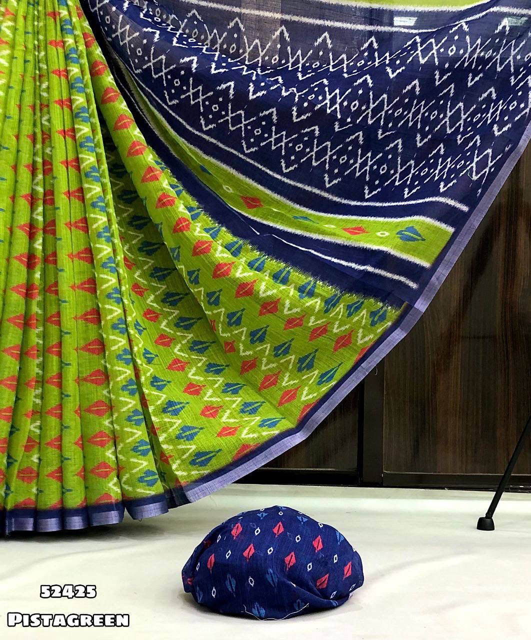 Ikkat Pochampalli Linen Cotton Saree with Contrast Pallu and Matching Blouse