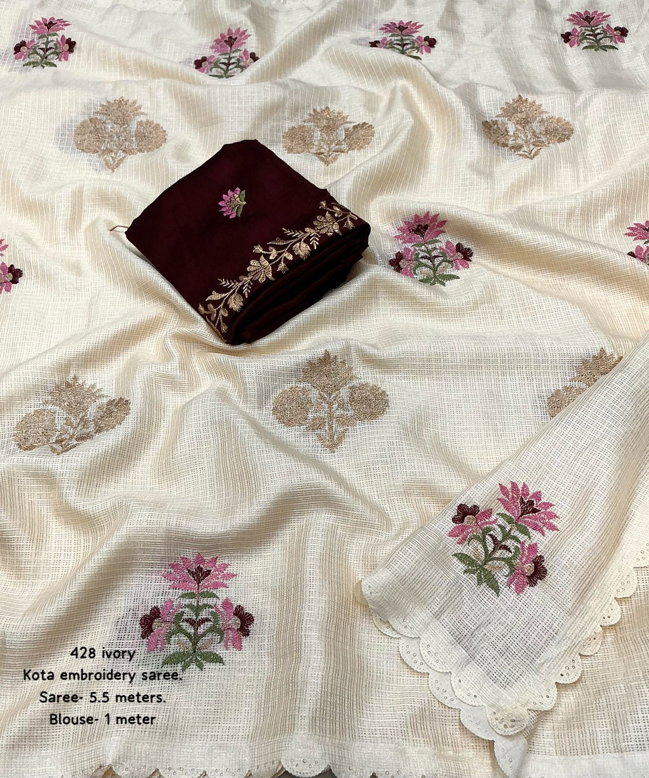 Ivory Kota Silk Saree with Zari and Embroidery Work featuring Cutwork Lace-Contrast Phantom Silk Blouse – Rafia Fashions