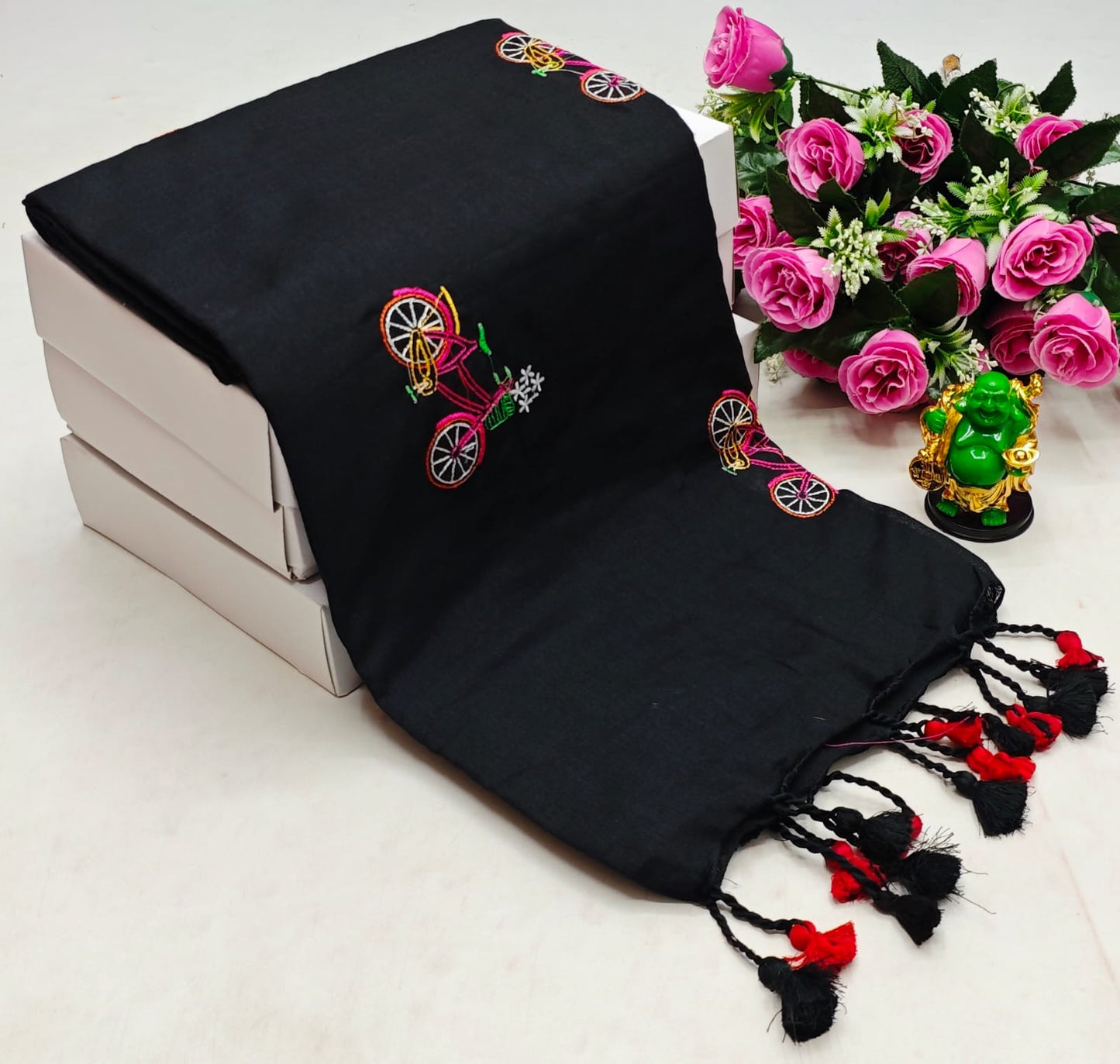 Pure Khadi Handloom Cotton Saree with Embroidery Work and Running Blouse –Black